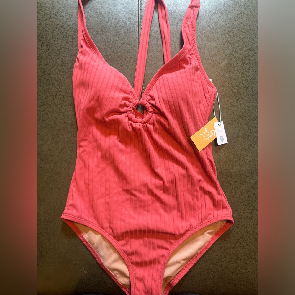Kona Sol Pink Ribbed Swimsuit, NWT, size 8/10